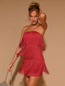COSMINA Women's Fashion Party Fringe Bandeau Mini Dress - Red - View 3