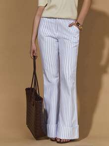 COSMINA Pantalones de pierna ancha con dobladillo acampanado a rayas, pantalones casuales de cintura alta para ir al trabajo o de vacaciones - Azul y blanco - Ver 3