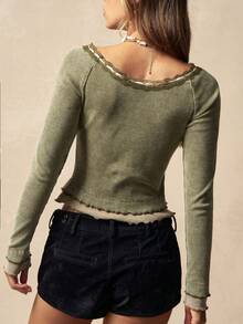 Bohemela Casual Knitted Patchwork Lace Trim Large Round Neck Long Sleeve Slim Fit Washed Women's T-Shirt Going Out Tops For Women Holiday For Spring - Olive Green - View 8