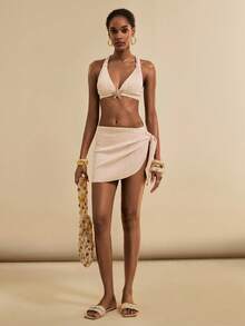Vesra Women's Summer Vacation Halter Apricot Textured Fabric Bikini 3 PiecesSwimsuit Set, Beach Outfit - Apricot - View 5