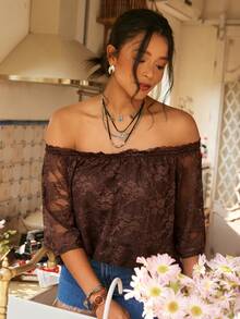 Freevana 大码露肩薄纱纹理上衣，可爱度假风，情人节夏季乡村复古风。 - 咖啡棕 - 查看 6