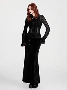 Breakform 女士哥特式性感优雅蕾丝拼接系领条纹植绒网纱长袖喇叭袖口可调节抽绳修身衬衫 - 黑色 - 查看 4