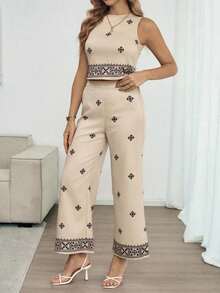 Louniche 女士春秋季雪纺印花圆领无袖上衣和阔腿裤两件套 - 彩色 - 查看 7