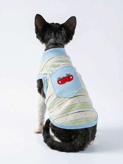 PETSIN 蓝色轻薄透气春夏樱花刺绣波点条纹狗狗/猫咪背心，可爱清新风