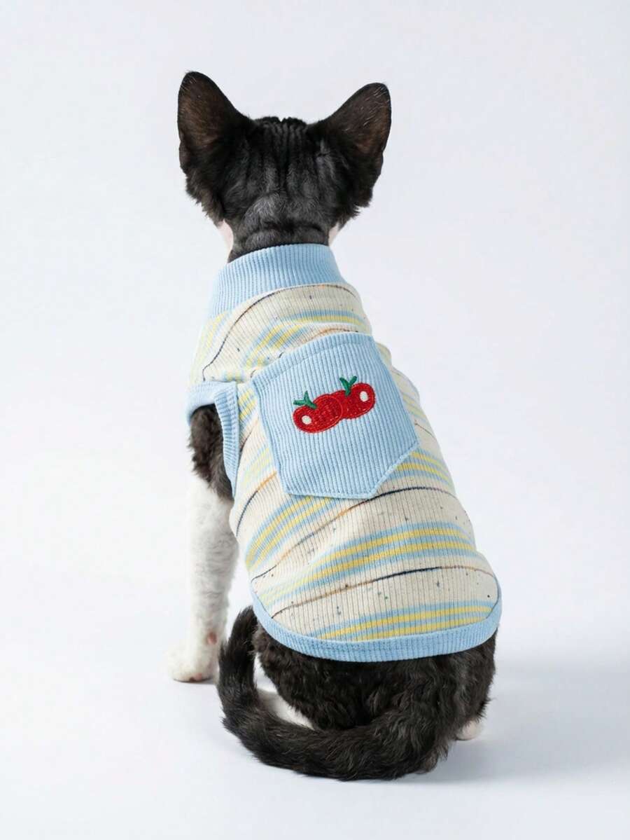 PETSIN 蓝色轻薄透气春夏樱花刺绣波点条纹狗狗/猫咪背心，可爱清新风 - 彩色 - 查看 1