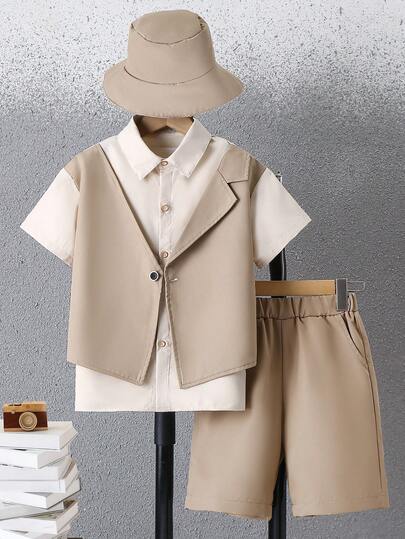 Conjunto de 3 piezas para niños: camisa casual de color caqui para la escuela, pantalones cortos y boina, adecuado para la escuela de verano y actividades al aire libre