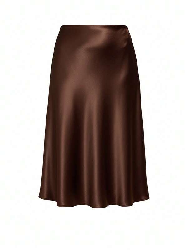 Auralis Plus-Size Women's Spring And Autumn Fashion Elegant Loose Comfortable Everyday Brown Satin Midi Skirt,Spring Clothing,Office Wear,Business Style,Women Bottom,Dating Outfits,