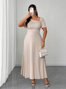 Elenzga 大码女式纯色春夏不对称肩部褶皱腰部短袖长款连衣裙，简约优雅的办公室着装 - 杏色 - 查看 4