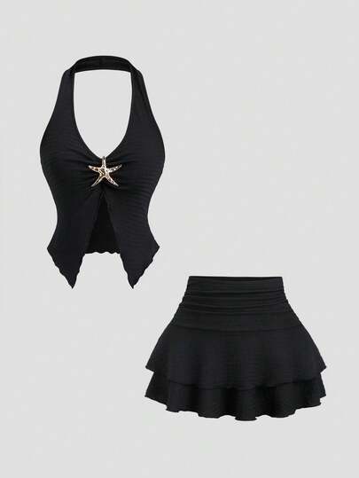 Sweetra Sexy Backless V-Neck Crop Top & Vintage Metal Button Decor Mini Skirt 2-Piece Set, Casual For Vacation, Date, European And American Style