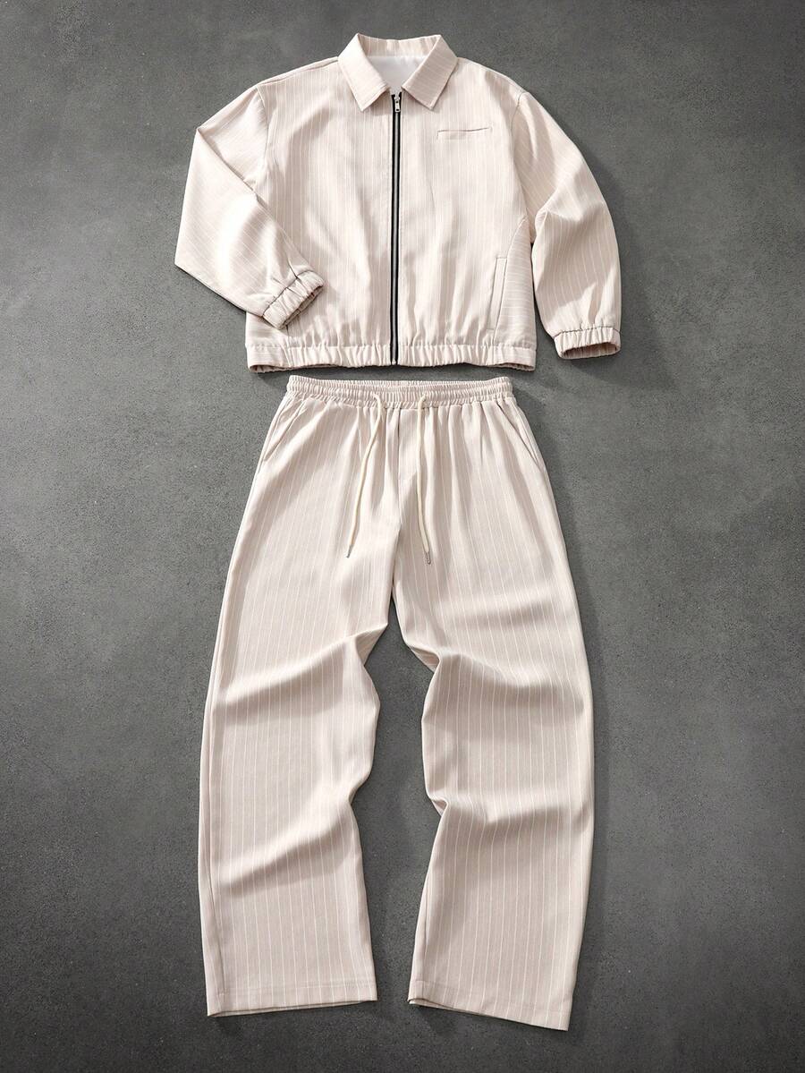 STYNVO Men's Striped Print Zip-Up Jacket And Pants Casual Tracksuit Set