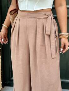Vionelle Plus Size Waist Tie Wide Leg Pants,Women's High Waist Baggy Trousers,Chocolate Brown,Autumn,Smart Casual,Vacation,Holiday,Boho Wrap Around Loose Pants - Khaki - View 5