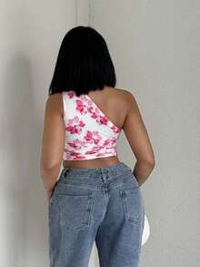 Alexandranx 新款优雅单肩褶皱度假针织印花女士背心 - 彩色 - 查看 2