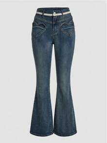 Sweetra Women's Fashion Casual Versatile Heart Pocket Skinny Flare Leg Jeans - Dark Wash - View 5