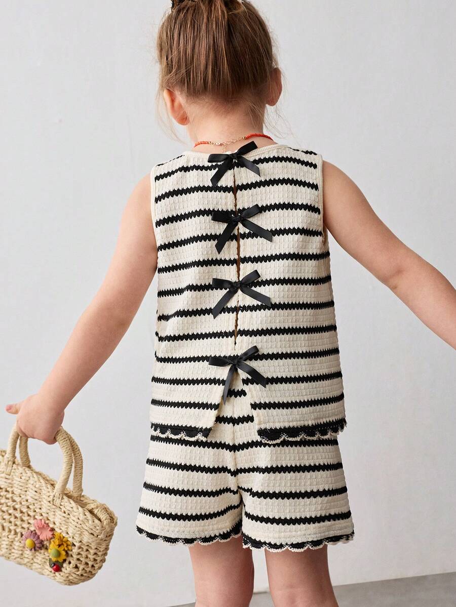 Maija Kids 2件套 女童撞色蝴蝶结圆领无袖上衣和松紧腰短裤 - 黑色 - 查看 1