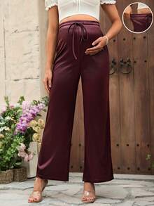 SHEIN 纯色缎面长款直筒裤，休闲孕妇裤 - 酒紅色 - 查看 1