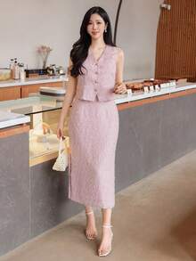 DAZY Women's Elegant Textured V-Neck Faux Pocket Camisole And Skirt 2-Piece Set, Summer - Pink - View 5