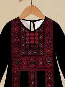 1 chiếc đầm dài tay dáng rộng kiểu Trung Đông cổ điển cho bé gái 4-7 tuổi, họa tiết hình học in kỹ thuật số, chất liệu nhẹ, thích hợp cho các lễ hội truyền thống/mặc hàng ngày, mùa xuân/hè/thu. - Nhiều màu - Xem 6