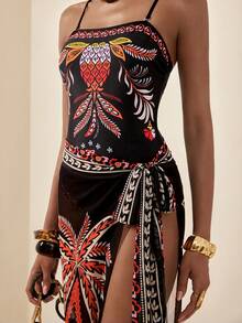 Vesra Women's Tropical Floral Print Bandeau Bikini Set, Elegant Minimalist Sexy Two Pieces Swimsuit For Beach Party And Vacation - Black - View 4