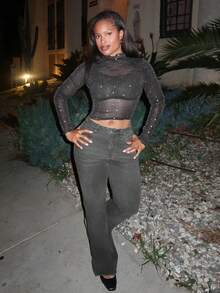 Tyla Gomez 生菜饰边星形网眼上衣，Blingbling 打底 T 恤 - 黑色 - 查看 4