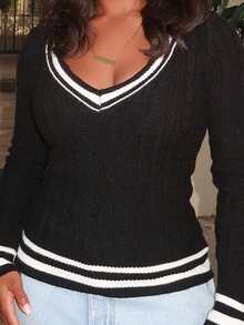 Tyla Gomez Women's Casual Contrast Trim Sweater, Autumn,Tops For School - Black - View 5