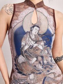 ROMWE Avant Spring/SummergraphicElegant 2-Piece Set: Chinese Style Buddha Painting Print Mandarin Collar Sleeveless Top And Skirt - Multicolor - View 2