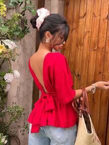 MainGRL 红色休闲度假浪漫情人节女式衬衫，适合日常穿着和艺术风格 - 紅色 - 查看 6