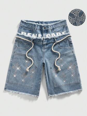 Street Life Herren Loose Fit Jeans Shorts mit funkelndem Diamant Bund