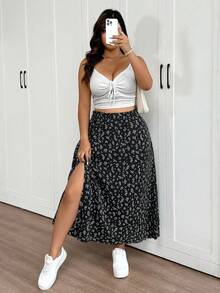 SHEIN Frenchy Plus Size Tropical Split Floral Printed Women's Skirt - Black - View 6