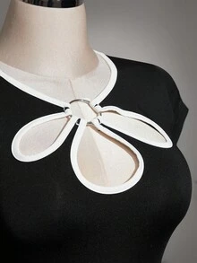 SHEIN ICON Áo dệt kim cỡ lớn kiểu Trung Quốc thời kỳ Y2K, áo kiểu Trung Quốc cổ giọt nước khoét rỗng phối màu tương phản, áo kiểu cổ hoa khoét rỗng phối màu tương phản. - Đen và trắng - Xem 2