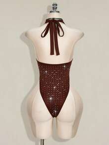 SHEIN ICON Rhinestone Halter Backless Bodysuit, Sexy Tight Fit Sleeveless For Women - Brown - View 8