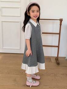 DAZY Young Girl' Collared Color Block Ruffle Trim Casual Patchwork Korean Style Puff Sleeve Dress - Grey - View 5