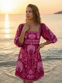 CAJUNI Women's Palm Tree Print Square Neck Lantern Sleeve Fashionable Mini Dress, Suitable For Vacation - Burgundy - View 5