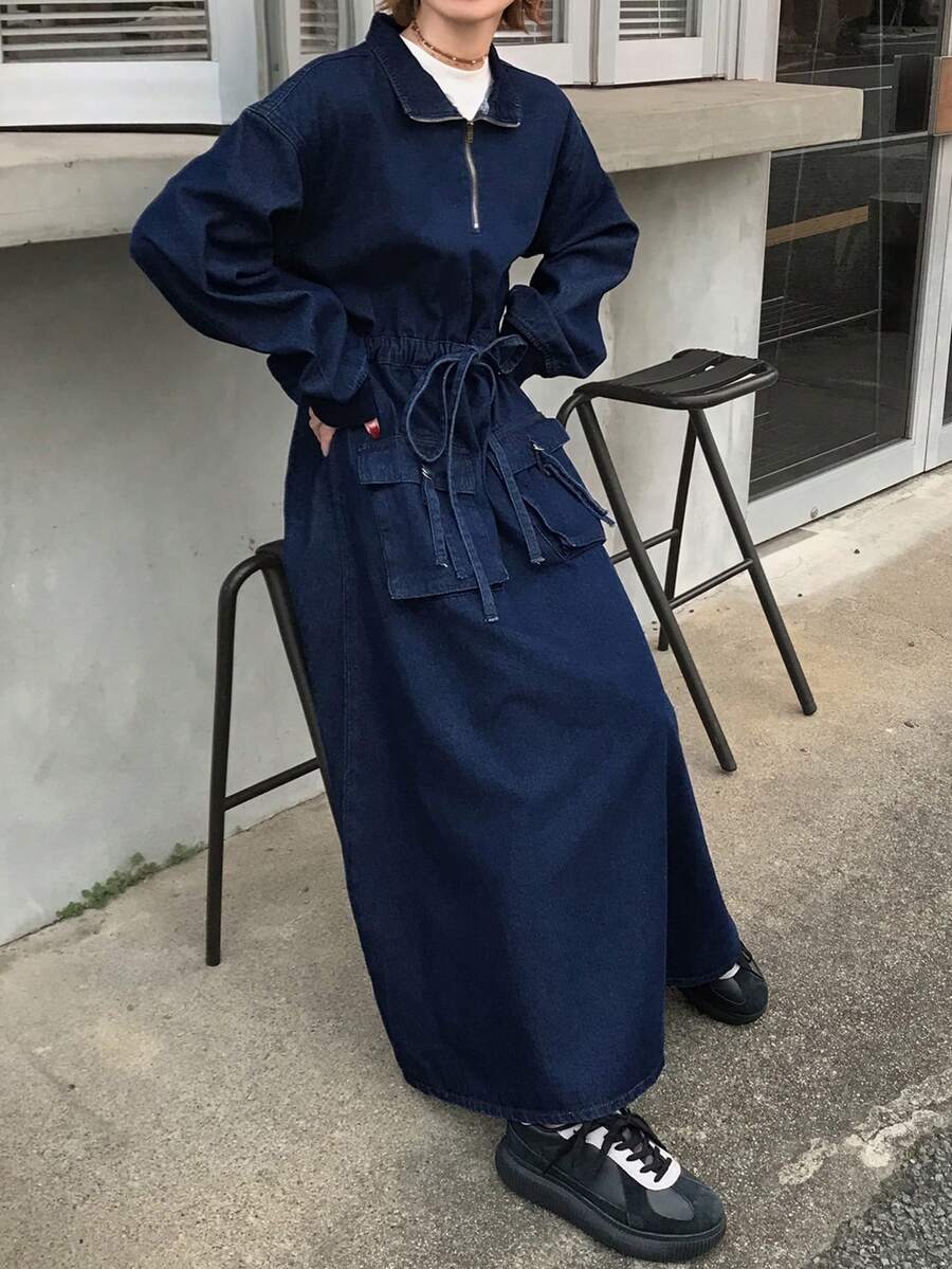 FRIFUL Women's Drop Shoulder Long Sleeve Zip Front Belted Waist Utility Pocket Casual Denim Dress - Blue - View 1