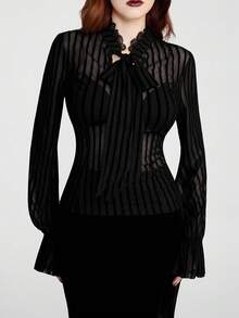 Breakform 女士哥特式性感优雅蕾丝拼接系领条纹植绒网纱长袖喇叭袖口可调节抽绳修身衬衫 - 黑色 - 查看 6