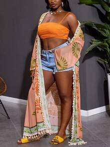 SHEIN CURVE+ Plus Size Women's Fully Printed Fringe Decoration Casual Vacation Long Sleeved Cover, Women's Summer Outfit, Women's Beach Outfit, Floral, Transparent, Holiday Outfit, Women's Beach Outfit, Dress Up, Ladies, Sarong, Elegant Set, Ladies' Palm Tree, Christmas, New Year, Thanksgiving Outfit - Multicolor - View 7