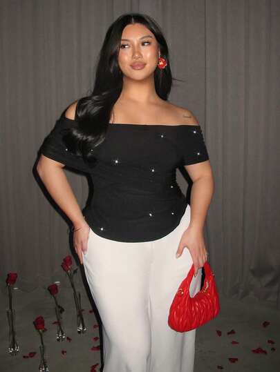 Firerie Plus Size Women's Solid Color Faux Pearl Decor Off-Shoulder Fashionable Elegant T-Shirt Valentine