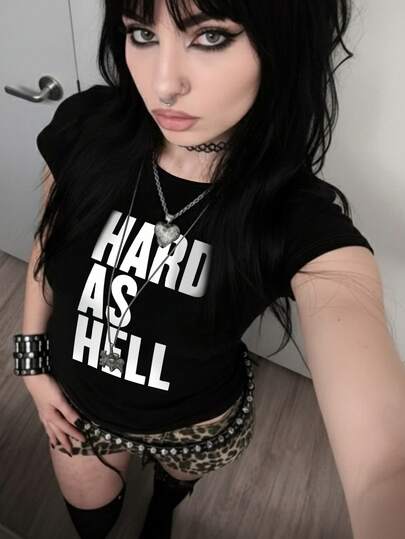 Resyla 复古朋克风字母印花短袖T恤，Y2K哥特风上衣，街头嘻哈风上衣，90年代女装