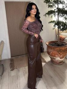 Dayanna Comas 女士皮革女裤纯色前扣简约休闲裤、日常穿着、女士下装 - 咖啡棕 - 查看 5