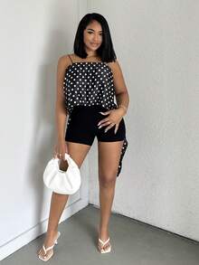 Alexandranx 女式性感露背波尔卡圆点印花系带不对称下摆吊带背心，夏季假日风格 - 黑與白 - 查看 1