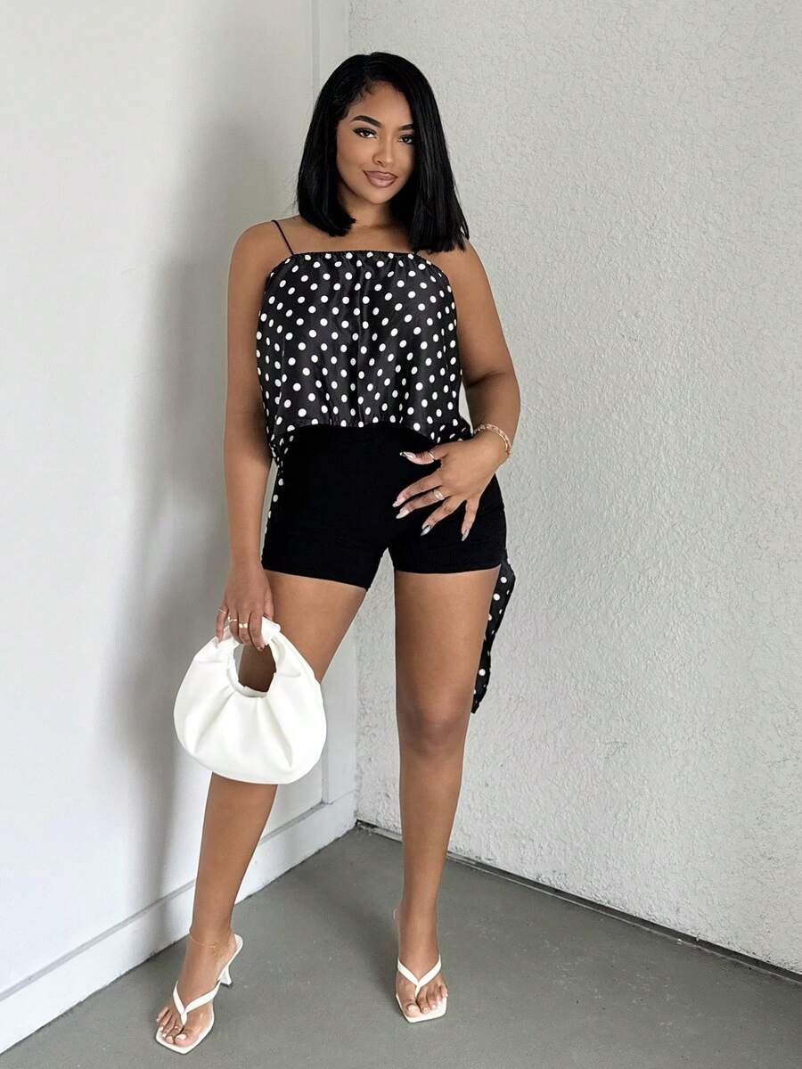 Alexandranx 女式性感露背波尔卡圆点印花系带不对称下摆吊带背心，夏季假日风格 - 黑與白 - 查看 1