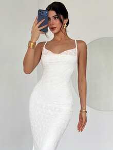 Firerie 女士优雅简约精致浪漫迷人时尚情人节约会日常假日婚礼蕾丝荷叶边吊带修身长款白色连衣裙 - 白色 - 查看 7