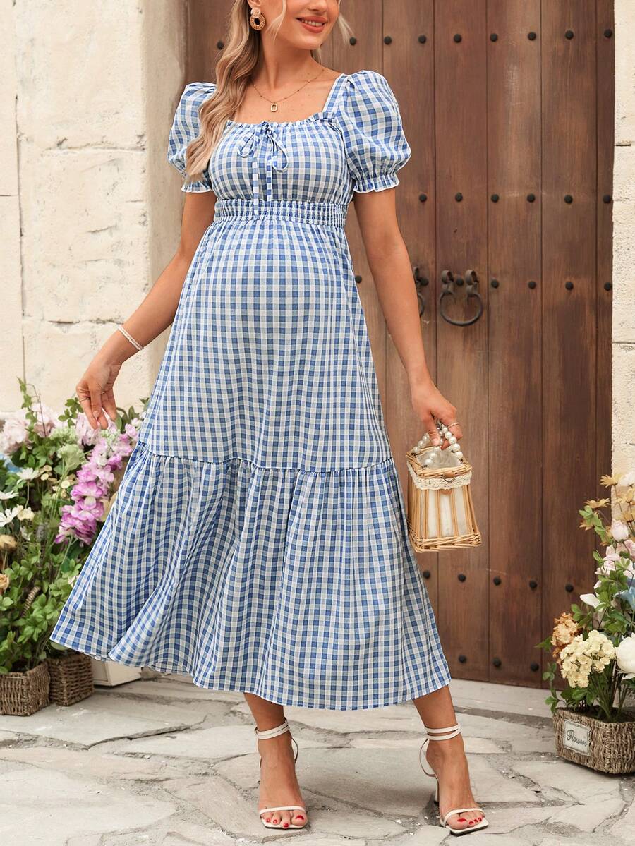SHEINE 女士优雅格纹荷叶边下摆休闲连衣裙，波西米亚风孕妇装，适合春夏日常外出、约会、度假 - 藍色 - 查看 1