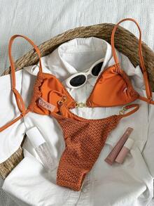 Swim Mod Damen Jacquard Stoff Spaghetti-Träger Bikini Set mit Metall Dekor, Frühling/Sommer - Braun - Übersicht 2