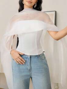 Modelyn 女士优雅纯色网纱披肩上衣 - 白色 - 查看 2