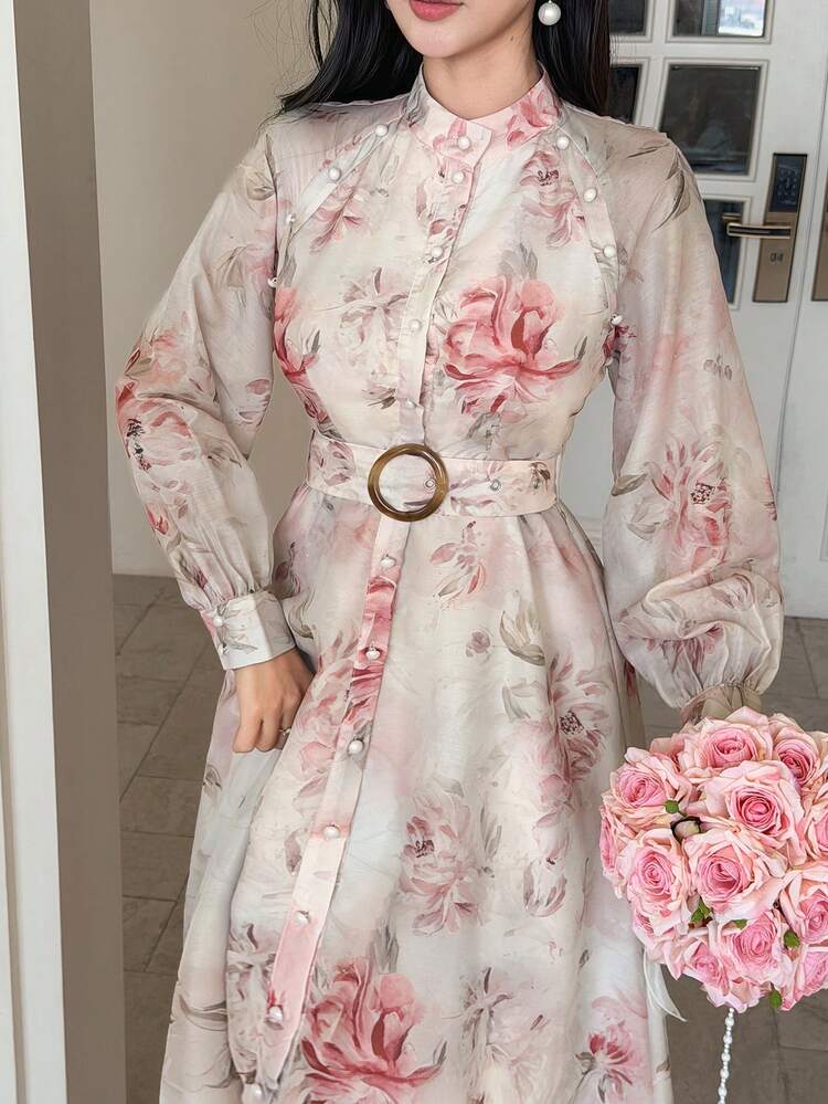 Women's Elegant Floral Print Stand Collar Belted Beaded Shirt Dress, Mid-Length, Spring/Summer Wedding Guest Dress Sundress
