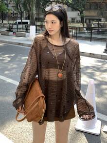 DAZY Women's Sequin Embellished Round Neck Long Sleeve Korean Style T-Shirt, Summer - Coffee Brown - View 6