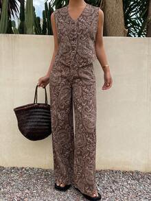 DAZY Sleeveless V-Neck Casual Top & Cashew Flower All-Over Print Casual Pants Women Denim Suit - Brown - View 4