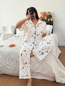 Napfluff CURVE Napfluff CURVE Conjunto de pijama de manga corta con cuello de solapa, estampado de estrella y arruga de burbuja en talla grande. Pijama con estampado de estrella, conjunto de pijama lindo y cómodo para mujeres, ropa de dormir para mujeres - Blanco - Ver 6