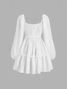 Sweetra Cute & Youthful Square Neck Solid Color Lace Patchwork Lantern Sleeve Loose Dress - White - View 2