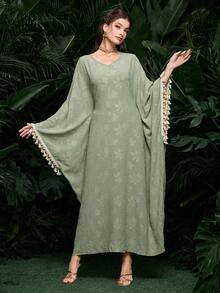 Al Najma Women's Green Woven Cutout Floral Long Sleeve Tassel Sequin Lace-Up Elegant Turkish & Arabic Traditional Long Cardigan, Spring/Summer - Green - View 3